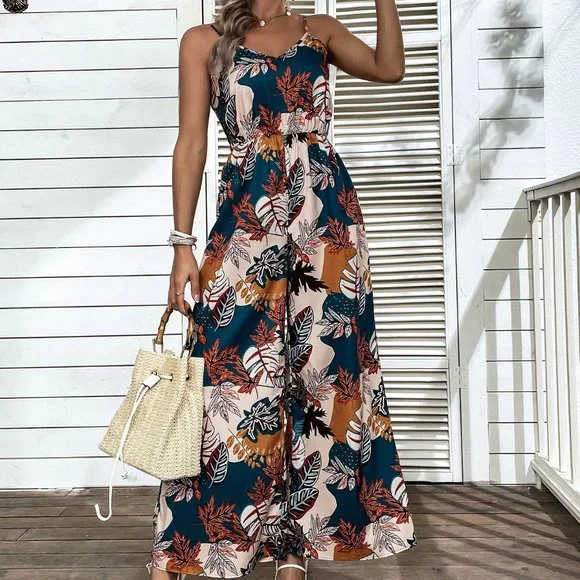 New Tropical Print Shirred Wide Leg Cami Jumpsuit Handmade - Picture 2 of 6